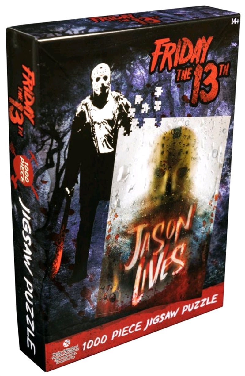 A 1000 piece jigsaw puzzle featuring Jason Voorhees from Friday the 13th - Jason Lives, showcasing vibrant colors and intricate details.