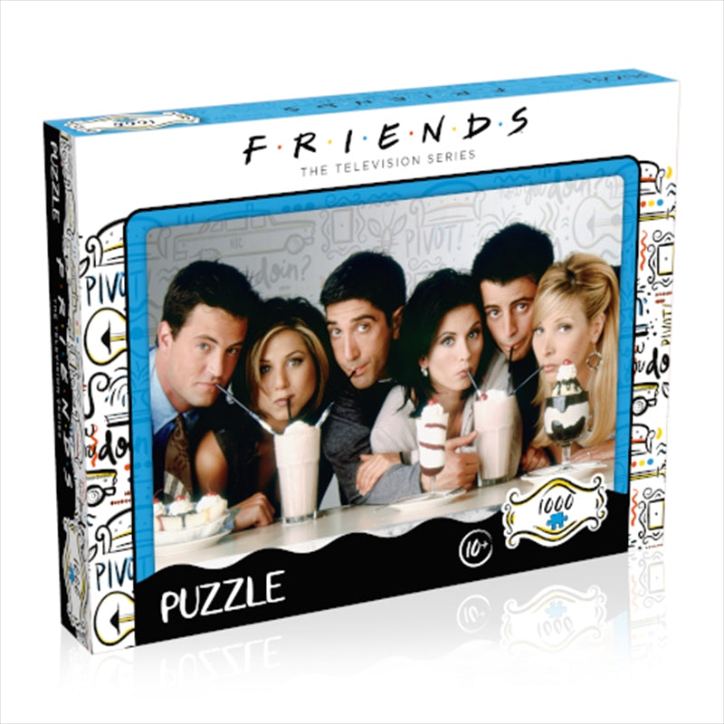 A colorful 1000 piece puzzle featuring Friends characters enjoying milkshakes, showcasing vibrant scenes from the sitcom.