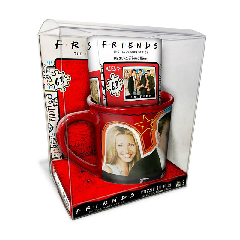 A colorful 63-piece jigsaw puzzle featuring Friends characters alongside a matching 9cm mug.