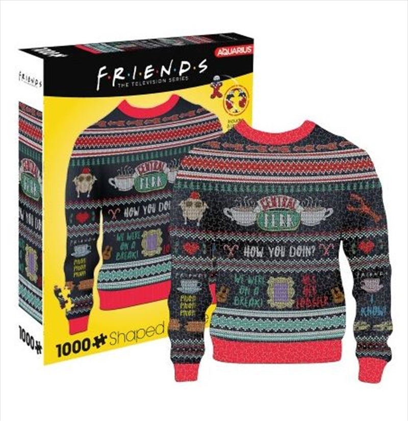 Friends Ugly Sweater Shaped Puzzle with colorful patterns and 1000 pieces, showcasing a unique sweater design.