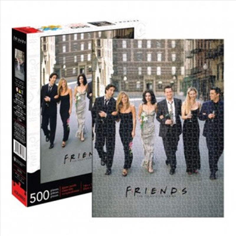 500 piece puzzle featuring the Friends gang in wedding attire, showcasing Ross, Rachel, Monica, Chandler, Joey, and Phoebe.