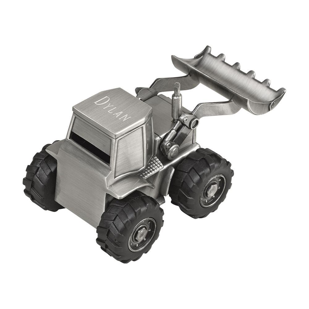 Front Loader Bank with matte finish, featuring working rubber tires and a moveable scoop, designed for kids to save money.