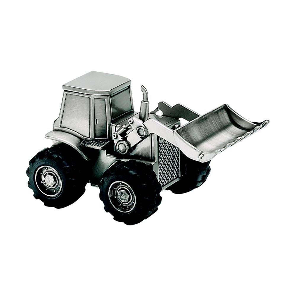 Front Loader Bank with matte finish, featuring working rubber tires and a moveable scoop, designed for kids to save money.