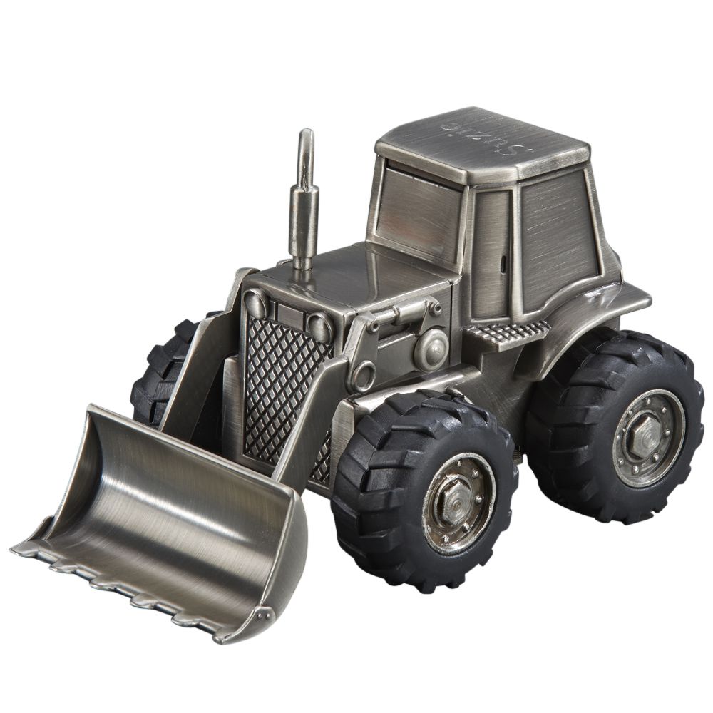 Front Loader Bank with matte finish, featuring working rubber tires and a moveable scoop, designed for kids to save money.