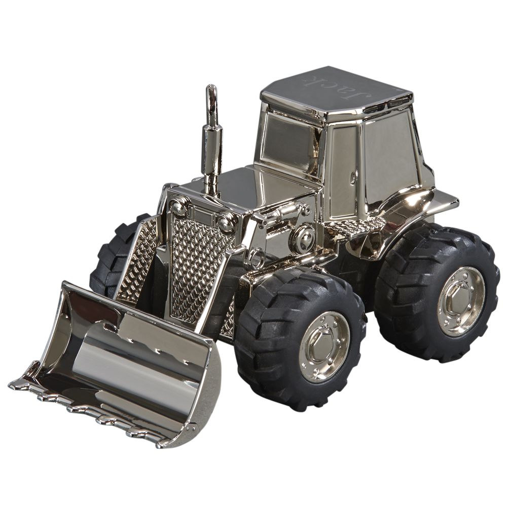 Front Loader Bank with polished nickel finish, featuring working rubber tires and a moveable scoop, designed for kids to save money.