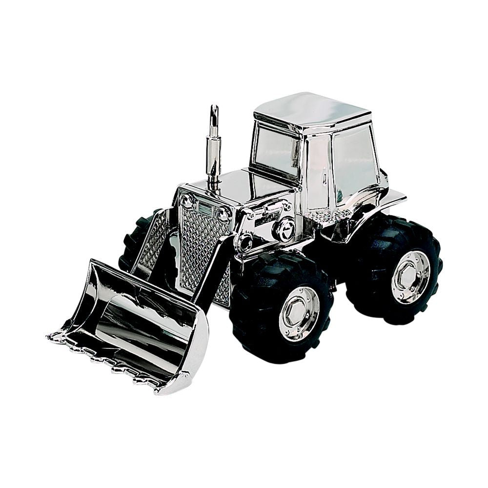 Front Loader Bank with polished nickel finish, featuring working rubber tires and a moveable scoop, designed for kids to save money.