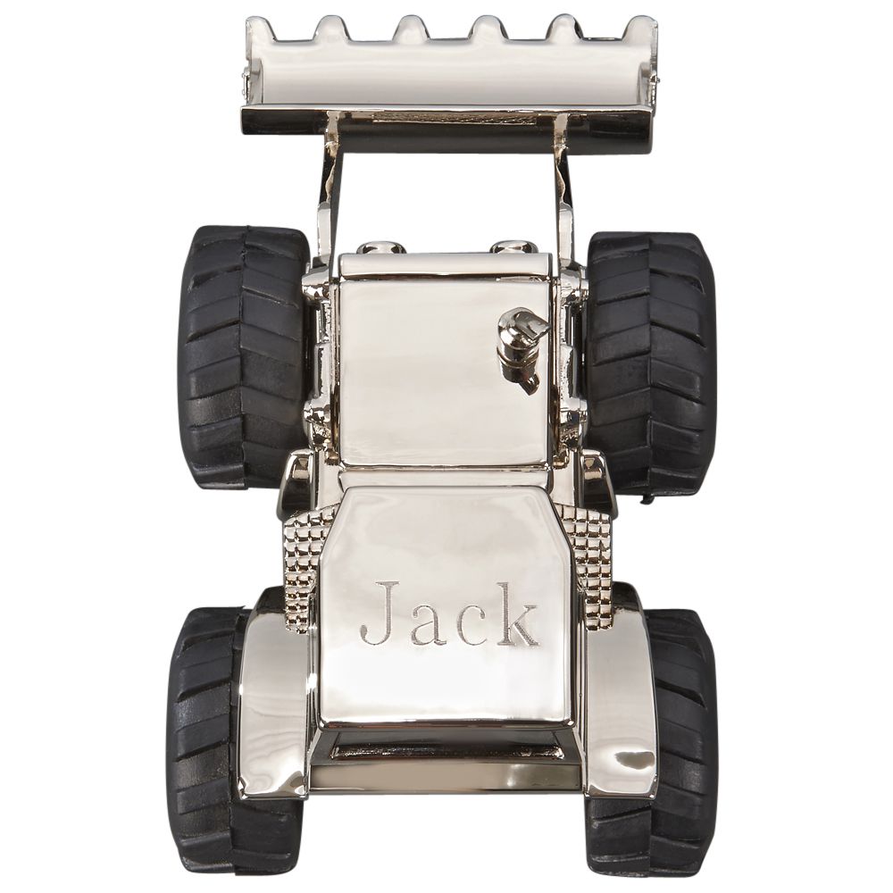 Front Loader Bank with polished nickel finish, featuring working rubber tires and a moveable scoop, designed for kids to save money.