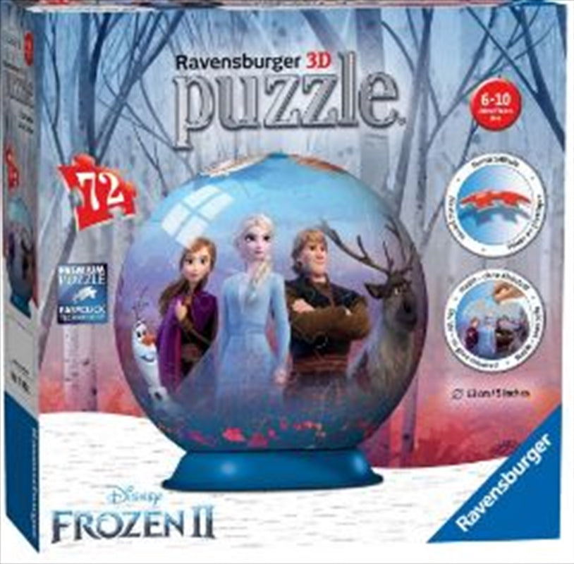 Colorful 3D Puzzleball featuring Frozen 2 characters Elsa, Anna, Olaf, Kristoff, and Sven, assembled and displayed on a stand.