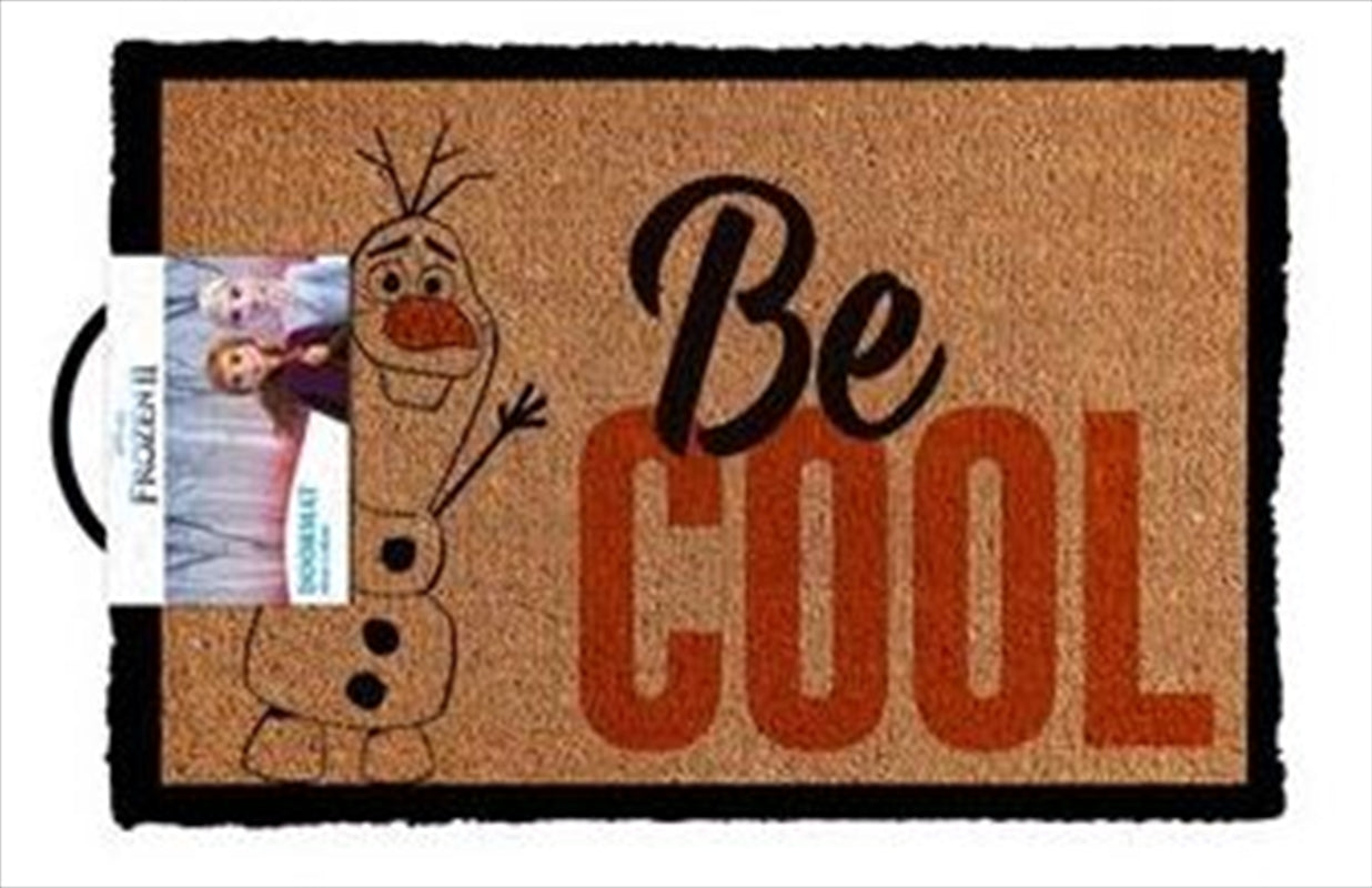 Frozen 2 Be Cool Doormat featuring vibrant characters from the movie, perfect for welcoming guests.