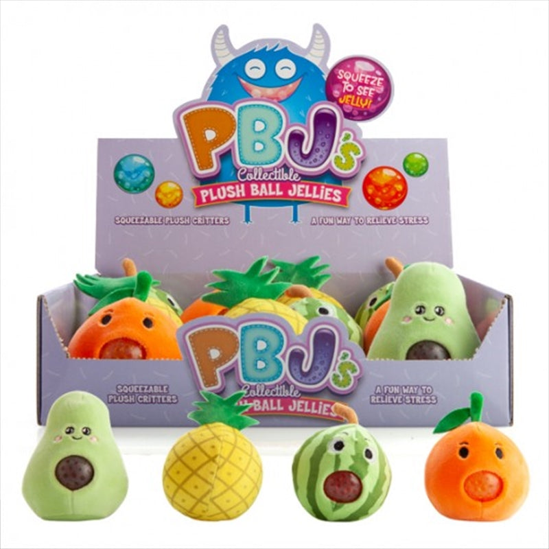 Colorful Fruits Plush Ball Jellies featuring orange, pineapple, watermelon, and avocado designs, soft and fuzzy texture.