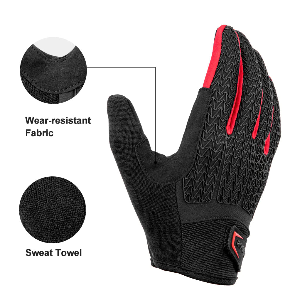 ROCKBROS Full Finger MTB Gloves in large size, featuring breathable fabric, gel padding, and touchscreen compatibility, ideal for mountain and road biking.