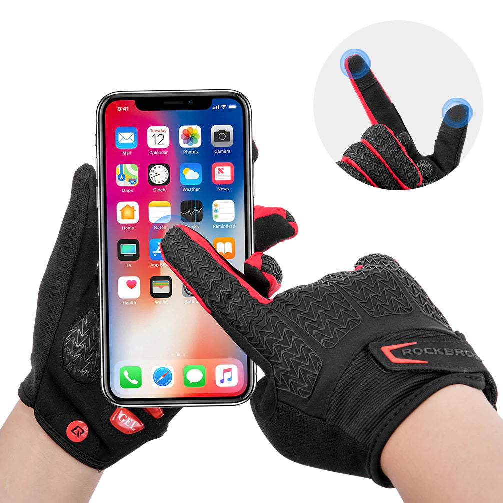 ROCKBROS Full Finger MTB Gloves in large size, featuring breathable fabric, gel padding, and touchscreen compatibility, ideal for mountain and road biking.