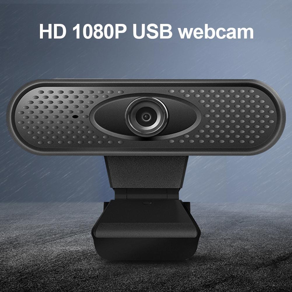 Full HD 1080P Webcam with built-in microphone, designed for video conferencing and streaming, featuring a sleek black design.