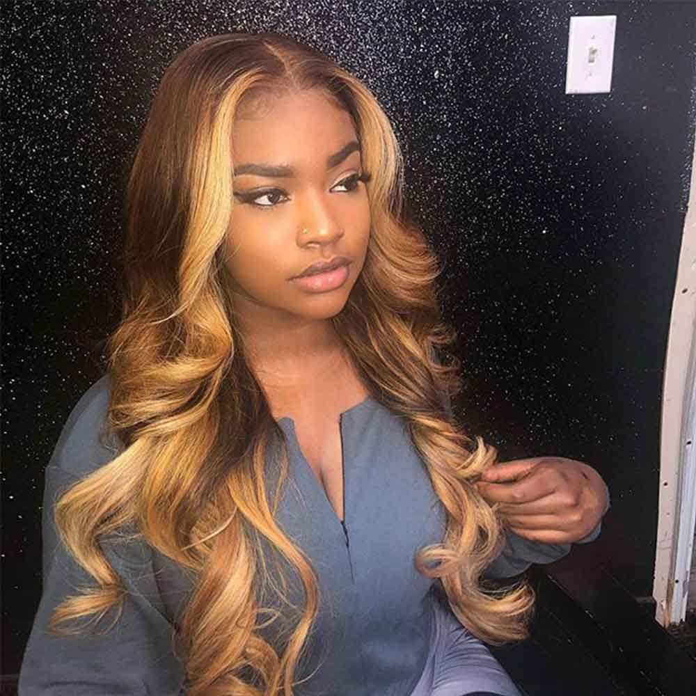 Full Lace Human Hair Wig with colored lace frontal, featuring wavy texture and various customizable options.