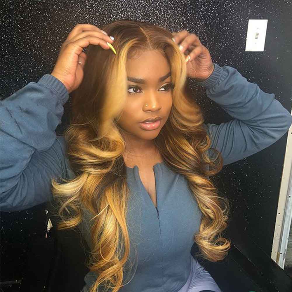 Full Lace Human Hair Wig with colored lace frontal, featuring wavy texture and various customizable options.