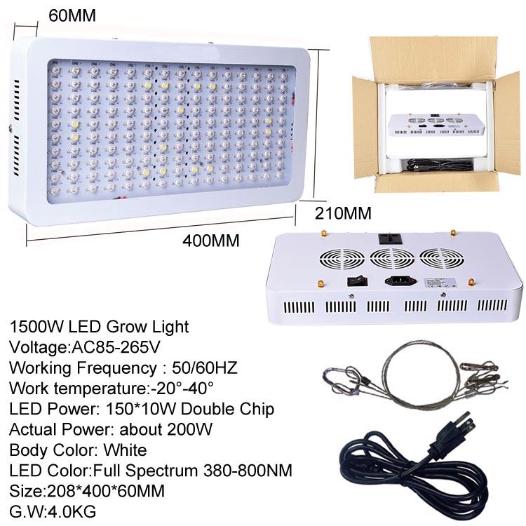 Full Spectrum 1000W, 1200W, 1500W Double Chip LED Grow Lights in a square shape, emitting red and blue light for optimal plant growth.