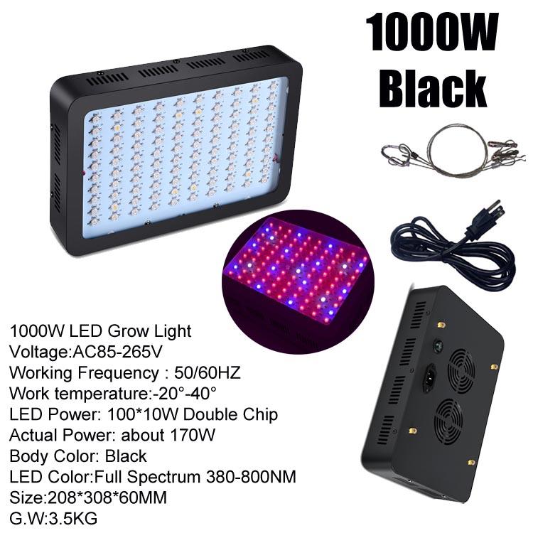 Full Spectrum 1000W, 1200W, 1500W Double Chip LED Grow Lights in a square shape, emitting red and blue light for optimal plant growth.