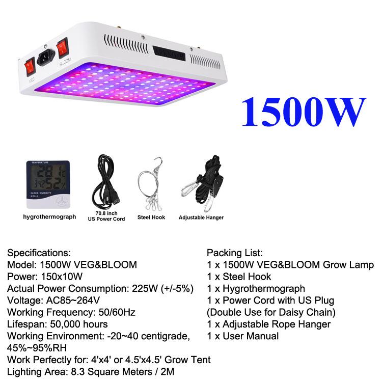 Full Spectrum 1500W LED Grow Light with UV and IR features, designed for optimal indoor plant growth.