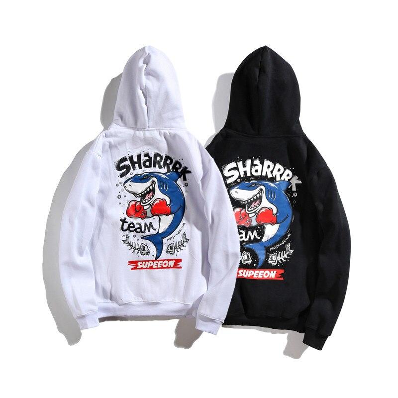 Men's Funny Anime Shark Printed Hooded Sweatshirt featuring a playful shark design, made from soft fleece material, perfect for casual autumn wear.