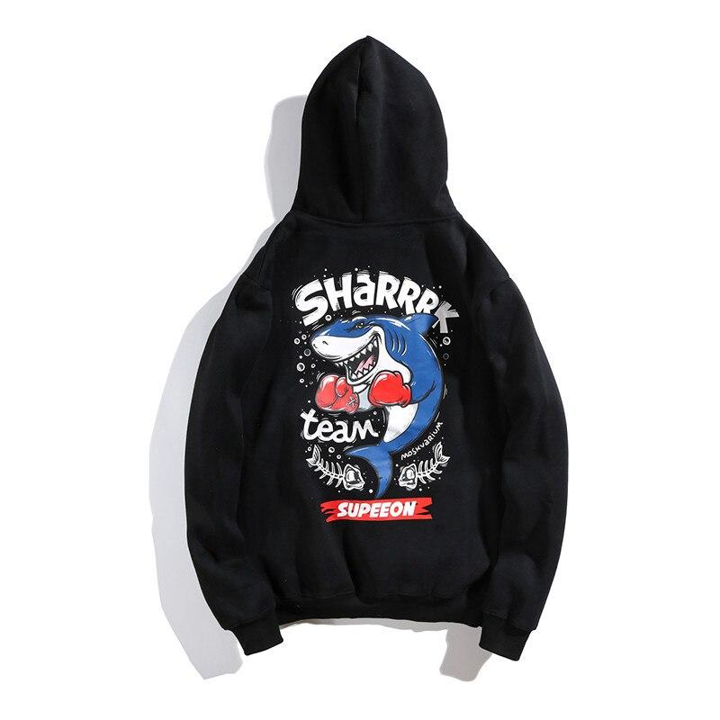 Men's Funny Anime Shark Printed Hooded Sweatshirt featuring a playful shark design, made from soft fleece material, perfect for casual autumn wear.