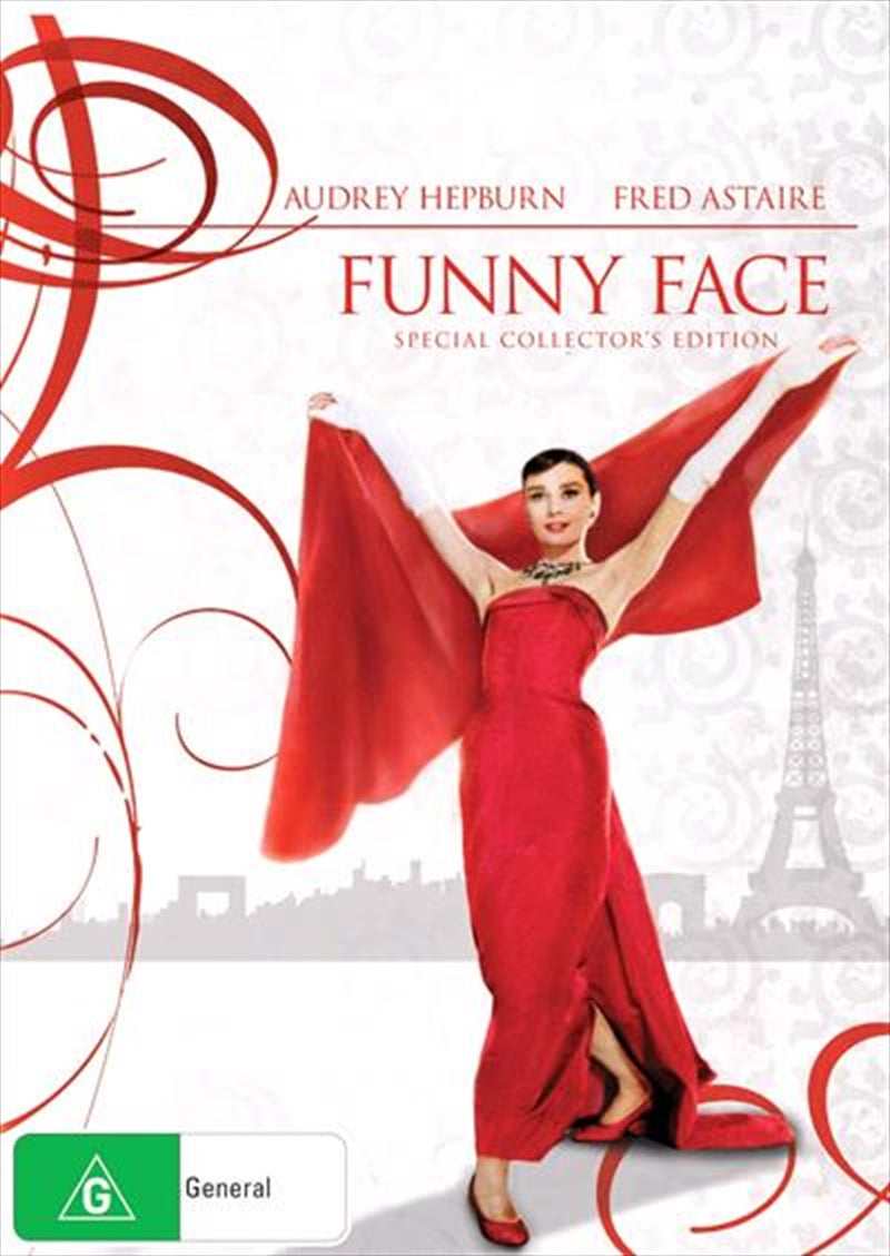 Cover of 'Funny Face' DVD featuring Audrey Hepburn and Fred Astaire in a stylish pose, set against a Parisian backdrop.