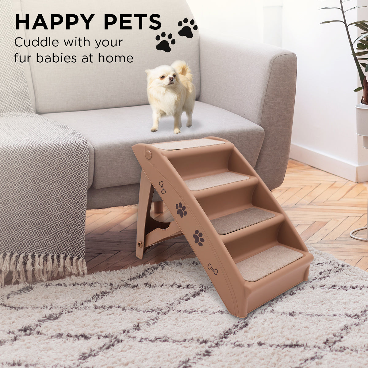 Furtastic 50cm Foldable Step Ladder Stairs in brown, designed for pets with non-slip steps and sturdy construction.