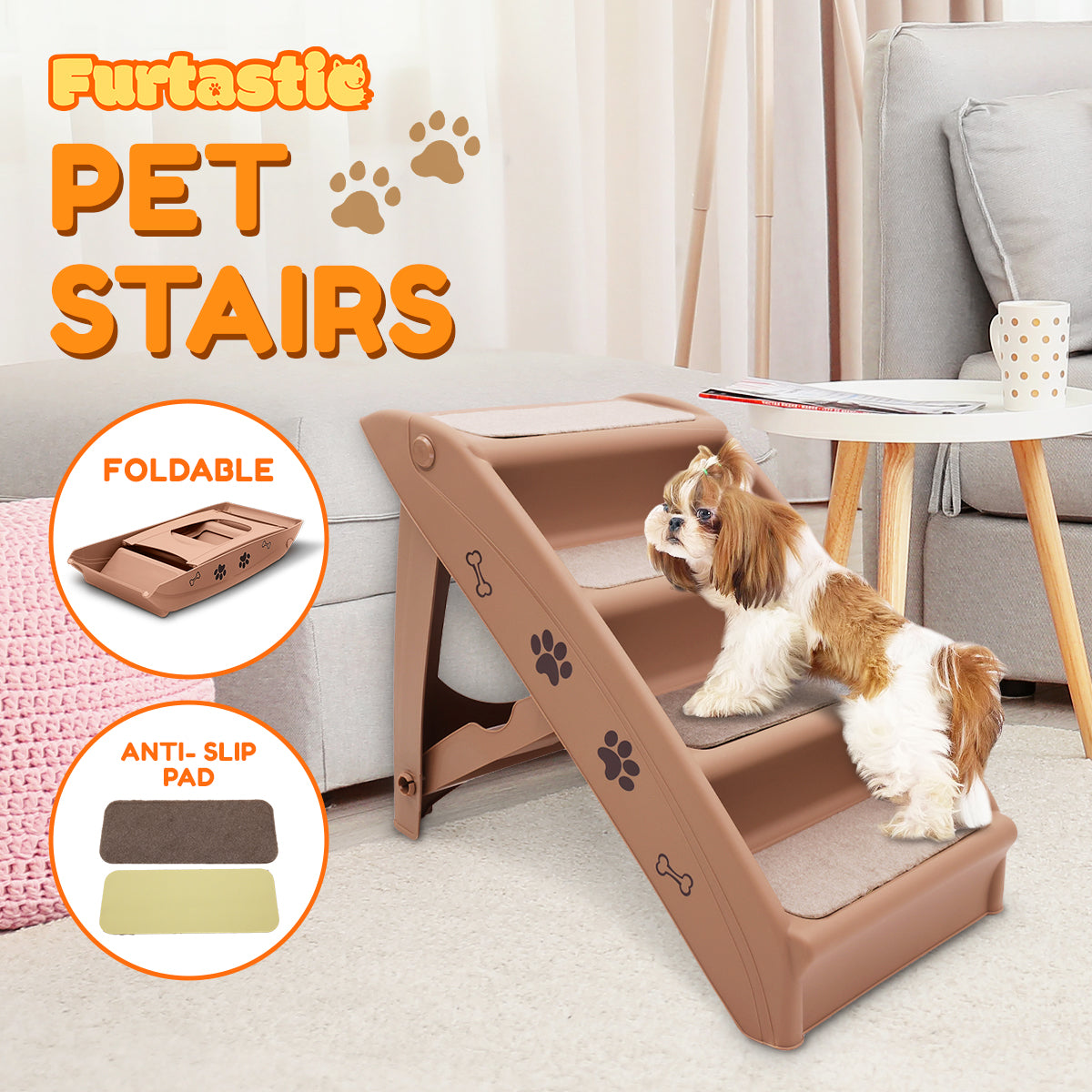 Furtastic 50cm Foldable Step Ladder Stairs in brown, designed for pets with non-slip steps and sturdy construction.