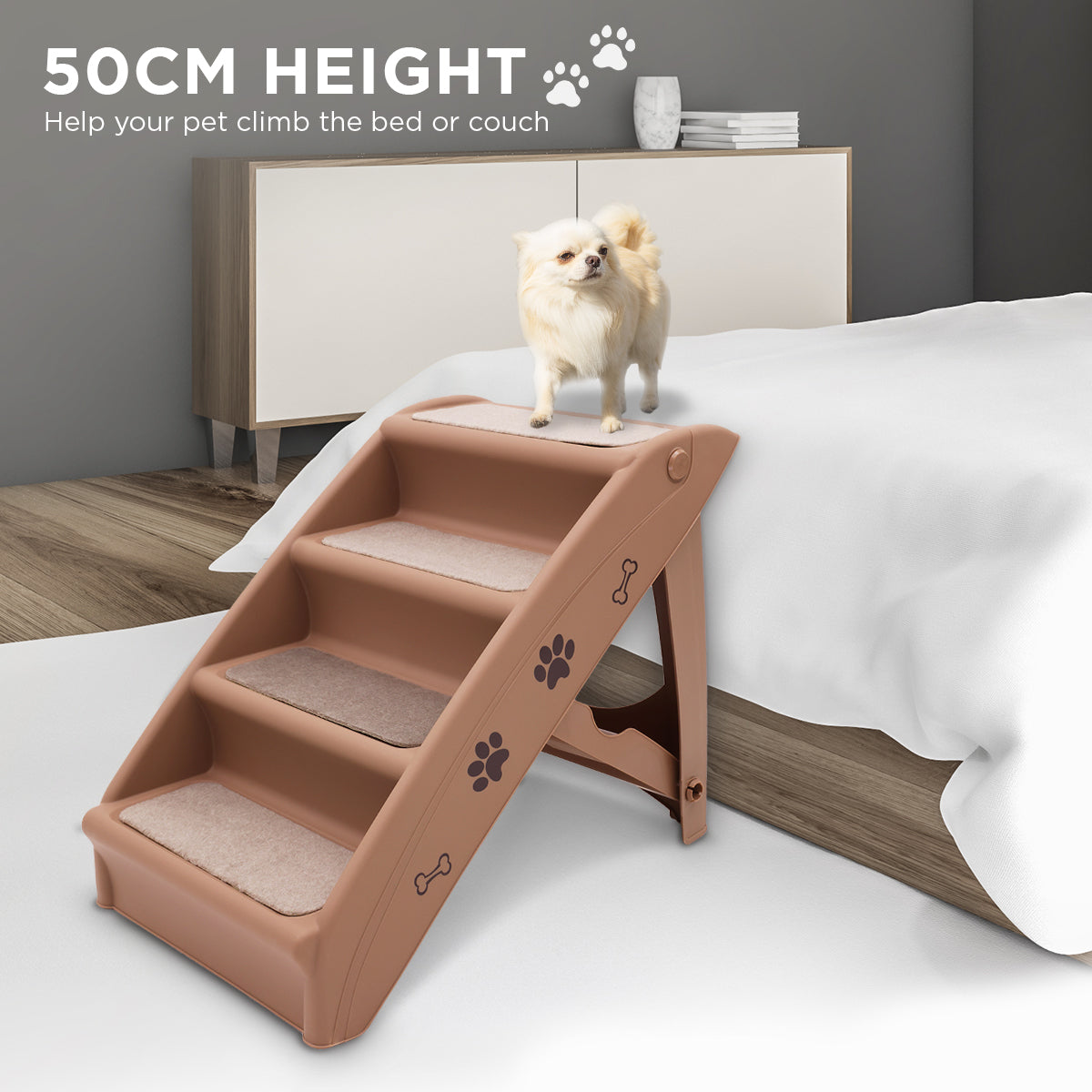 Furtastic 50cm Foldable Step Ladder Stairs in brown, designed for pets with non-slip steps and sturdy construction.