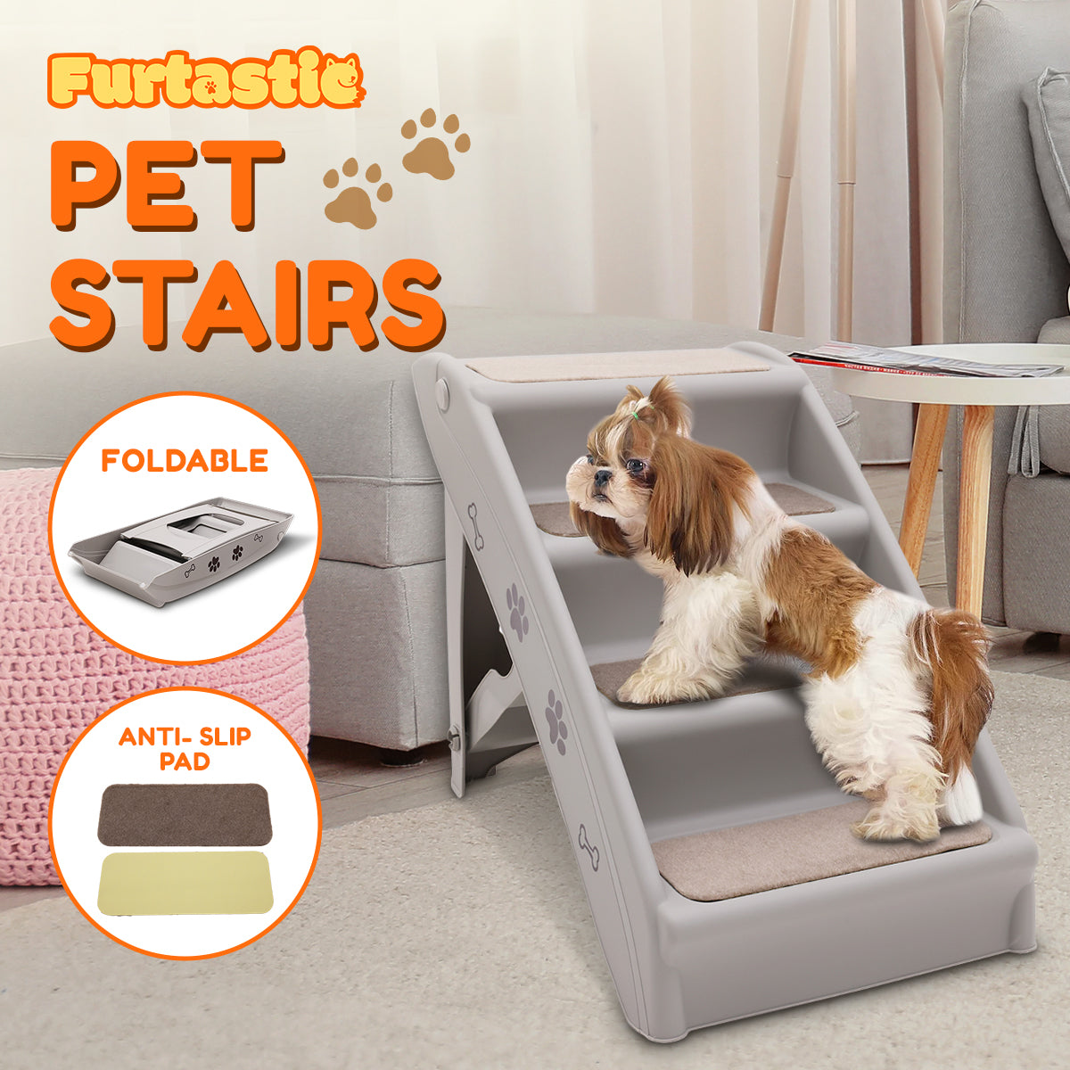 Furtastic Foldable Pet Stairs in Grey, designed for small and elderly pets, featuring non-slip mats and a sturdy construction.