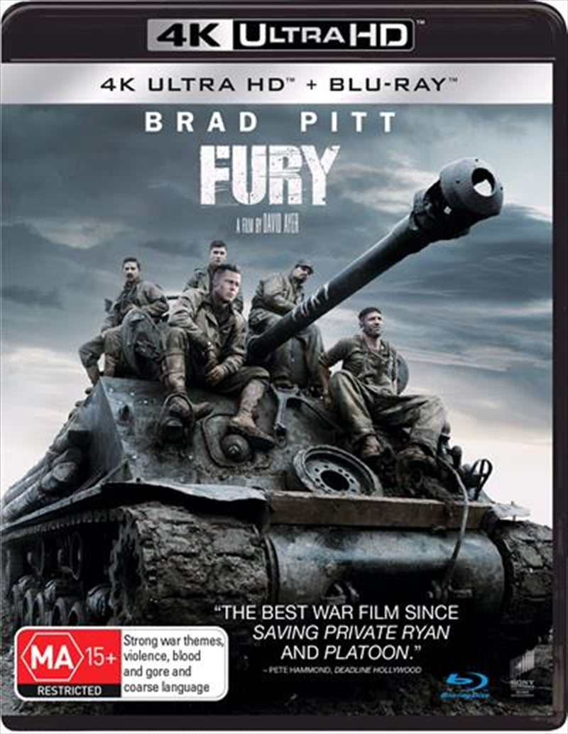 Fury Blu-ray + UHD cover featuring Brad Pitt as Wardaddy in a Sherman tank amidst a war backdrop.