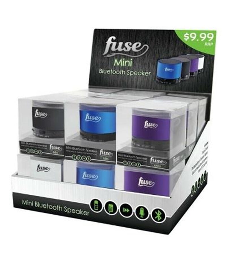 Fuse Mini Bluetooth Speaker in various colors, showcasing its compact design and portability.