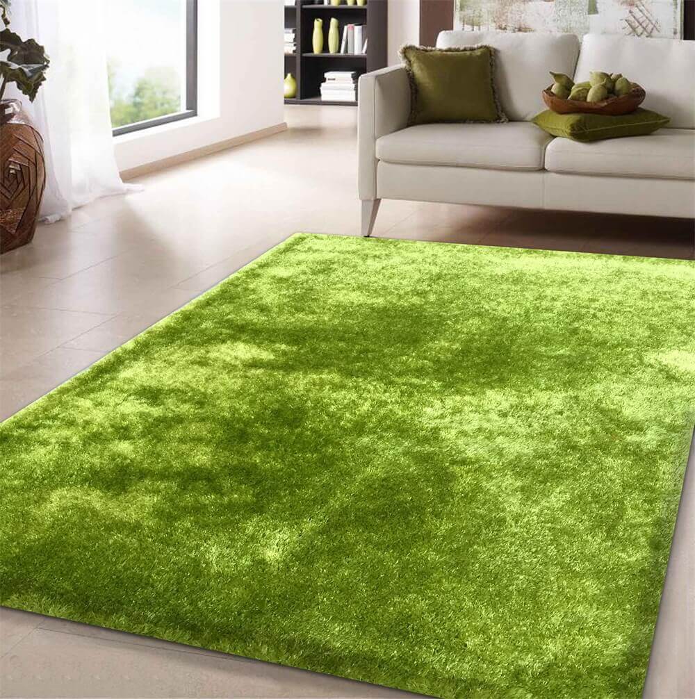 Fuzzy Lime Area Rug showcasing a soft shaggy texture in vibrant lime color, perfect for enhancing home decor.