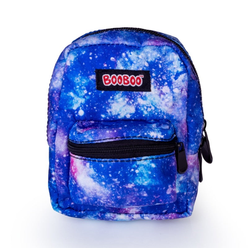 Galaxy Rainbow BooBoo Mini Backpack with a colorful cosmic space pattern, featuring elastic straps and a sturdy carabiner clip.