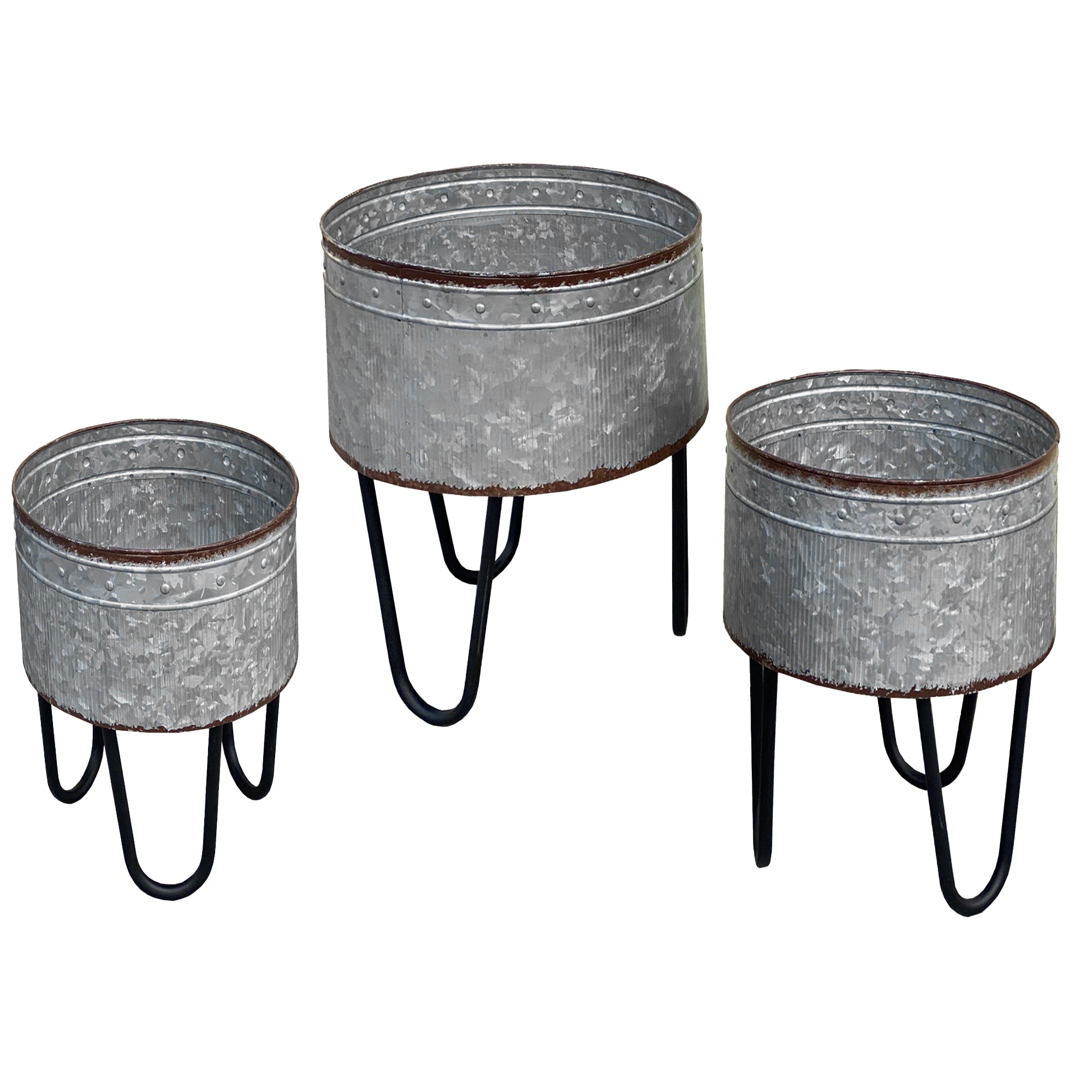 Set of three galvanized sheet planter tubs with black powder-coated iron hairpin legs, showcasing a rustic gray finish.