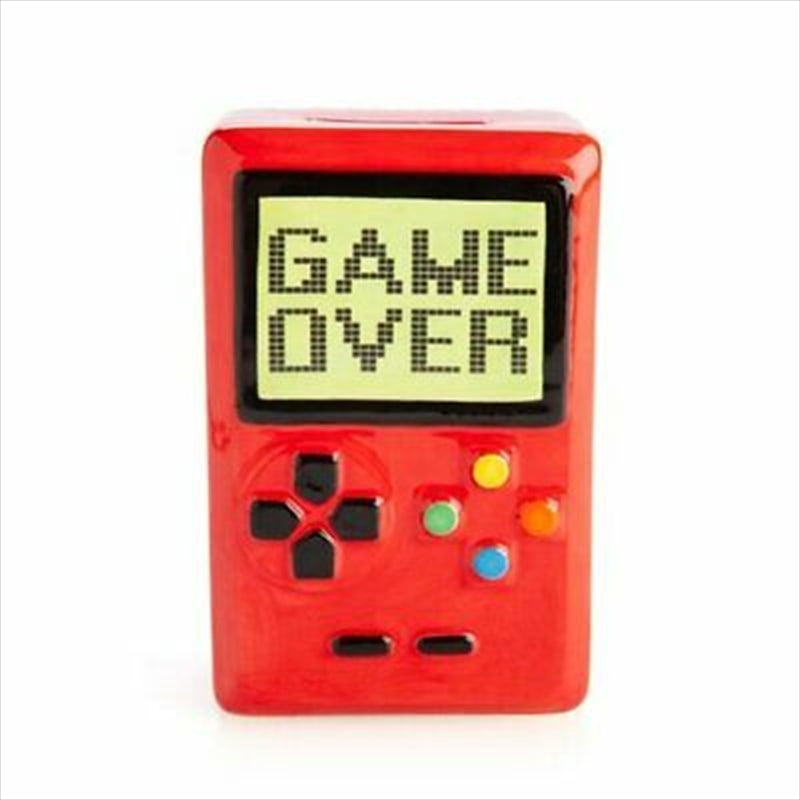 Bright red ceramic money bank shaped like a portable game console, perfect for gamers.