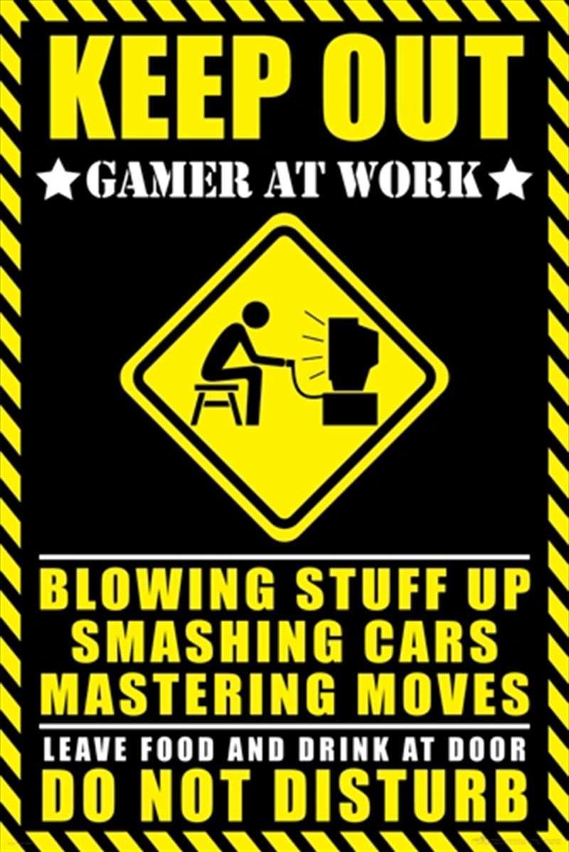 Gamer At Work Poster featuring vibrant graphics and gaming-themed design, perfect for decorating a gaming room or office.