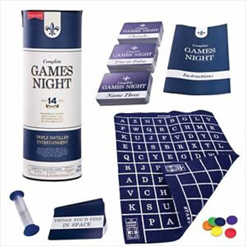 Lagoon Complete Games Night Set in whiskey-style tube packaging, featuring three classic games: True or False, Name 3, and Charades.