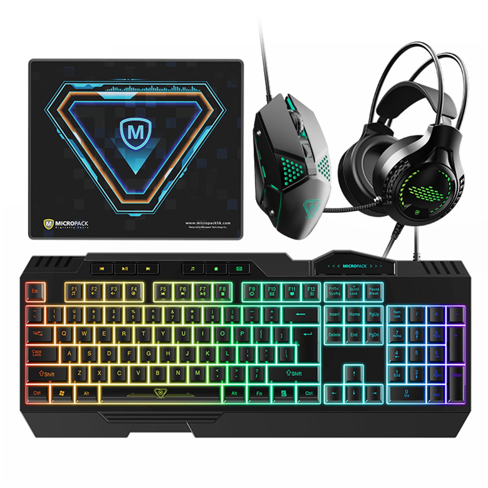 Gaming Mouse Keyboard Combo 4 In 1 with backlight and ergonomic design, featuring a mouse, keyboard, headset, and mouse pad.