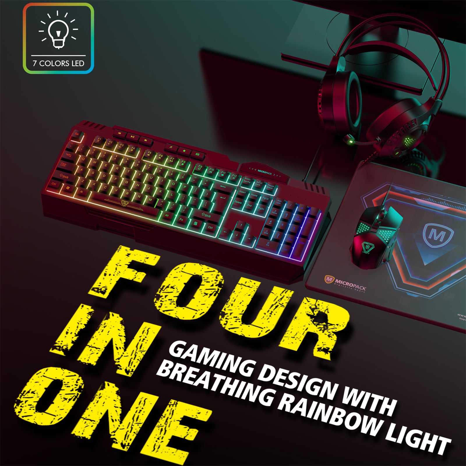 Gaming Mouse Keyboard Combo 4 In 1 with backlight and ergonomic design, featuring a mouse, keyboard, headset, and mouse pad.