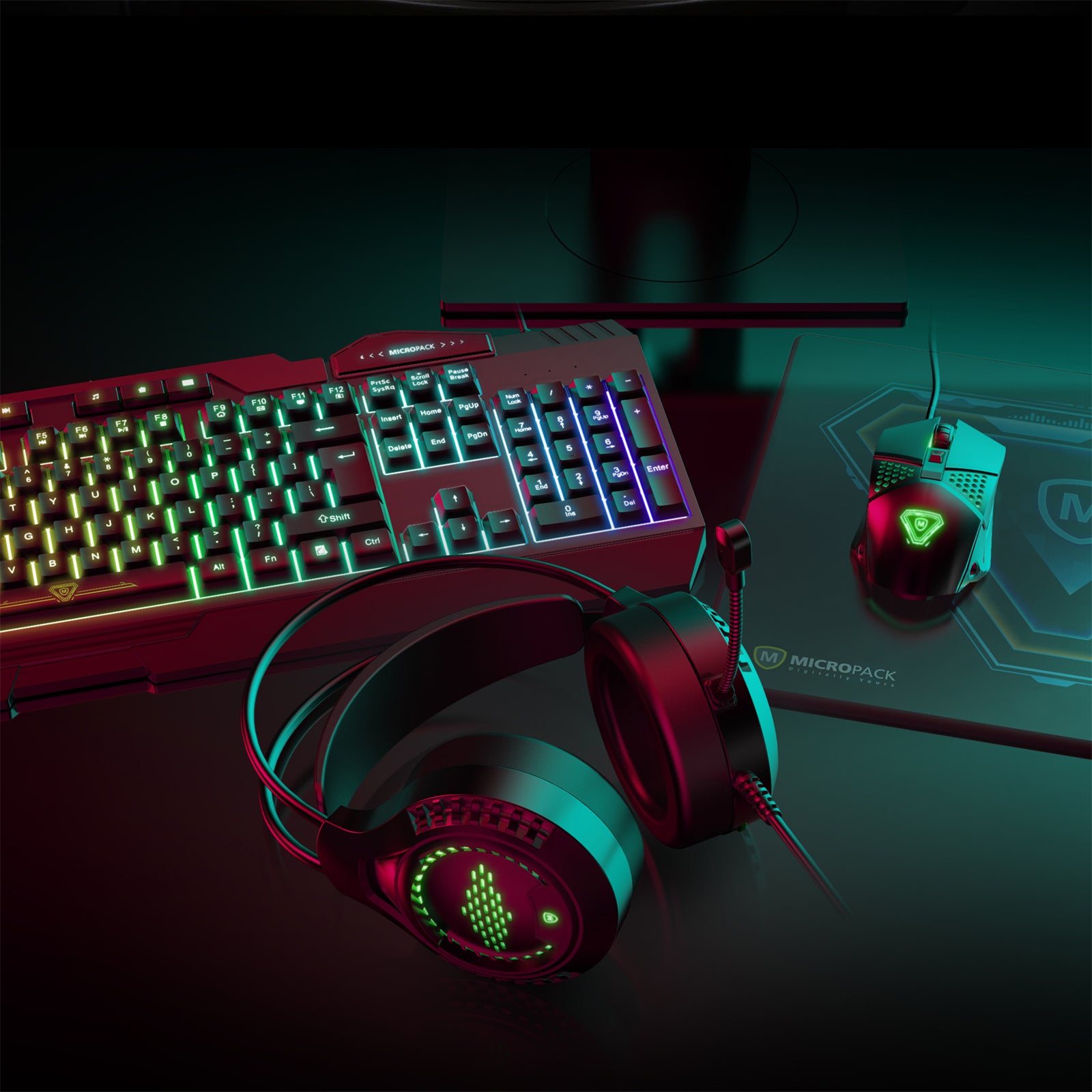 Gaming Mouse Keyboard Combo 4 In 1 with backlight and ergonomic design, featuring a mouse, keyboard, headset, and mouse pad.