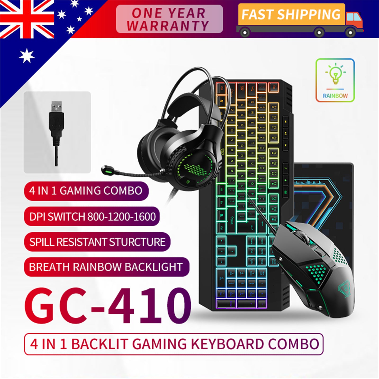 Gaming Mouse Keyboard Combo 4 In 1 with backlight and ergonomic design, featuring a mouse, keyboard, headset, and mouse pad.