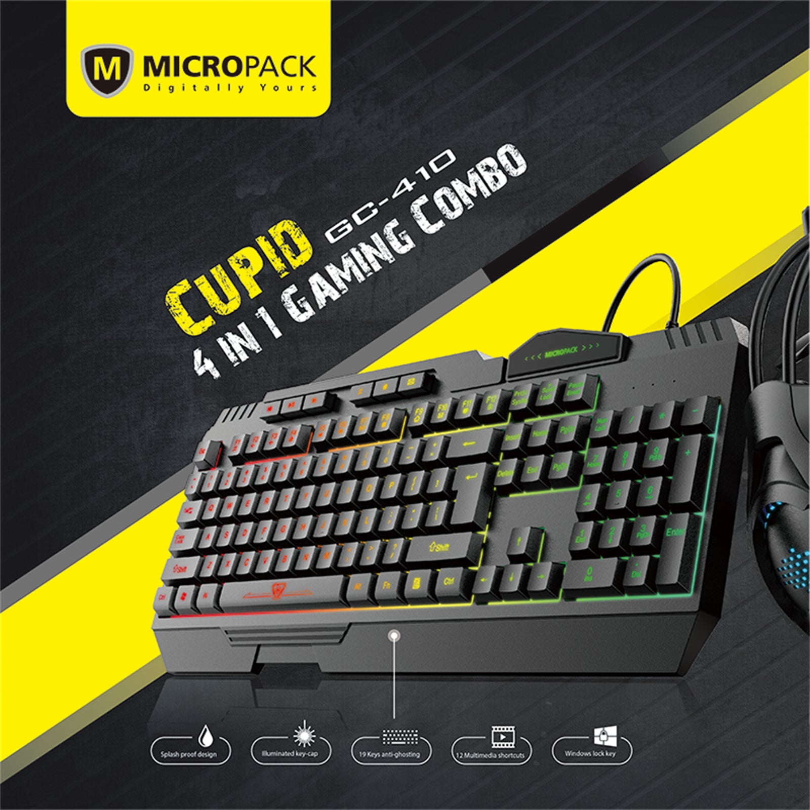 Gaming Mouse Keyboard Combo 4 In 1 with backlight and ergonomic design, featuring a mouse, keyboard, headset, and mouse pad.