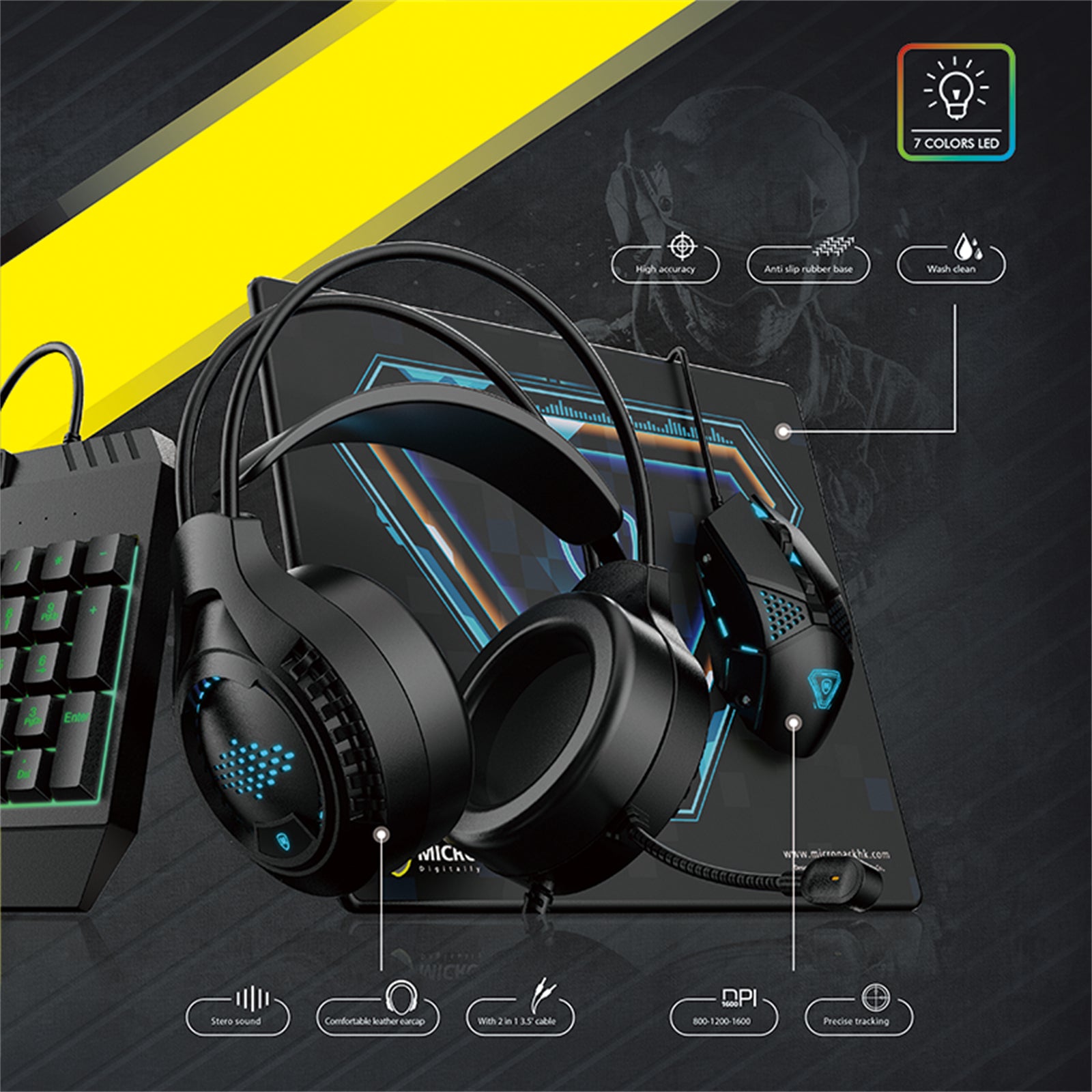 Gaming Mouse Keyboard Combo 4 In 1 with backlight and ergonomic design, featuring a mouse, keyboard, headset, and mouse pad.