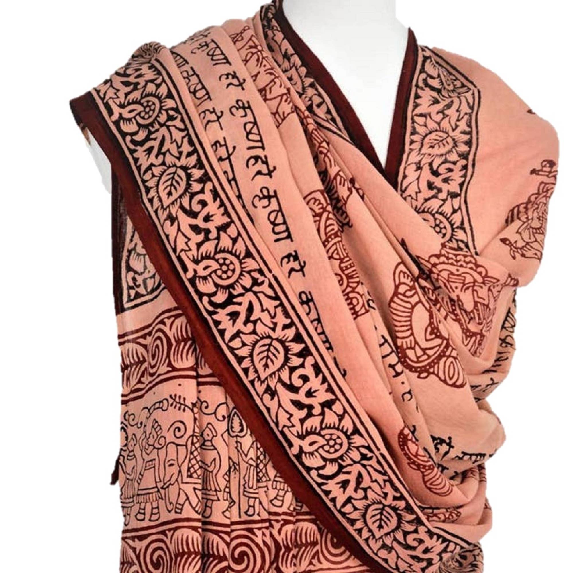 Ganapati Meditation Shawl featuring natural dyes, mantra prints, and an image of Lord Ganesha with floral patterns and an elephant border.