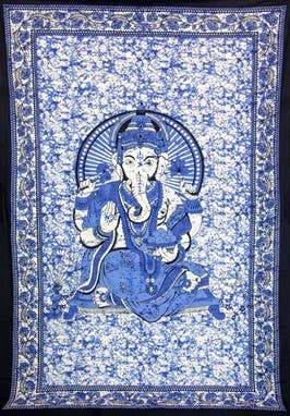 A vibrant Ganesha wall decor tapestry showcasing intricate designs and colors, perfect for home decoration.