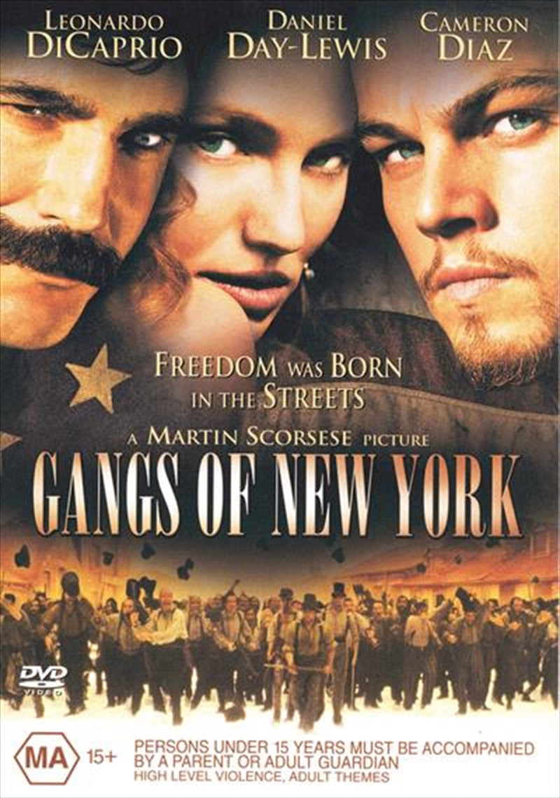 Gangs Of New York DVD cover featuring Leonardo DiCaprio, Daniel Day-Lewis, and Cameron Diaz in a dramatic scene.