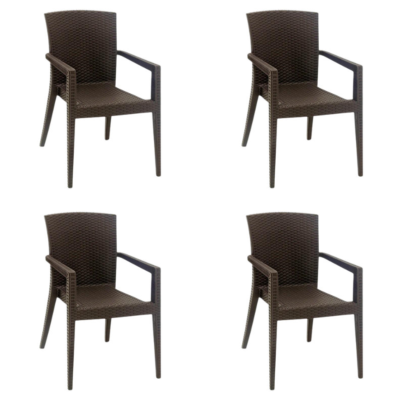 Set of four brown DONALD garden armchairs, showcasing modern design and durable polypropylene material.