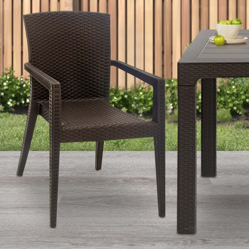 Set of four brown DONALD garden armchairs, showcasing modern design and durable polypropylene material.