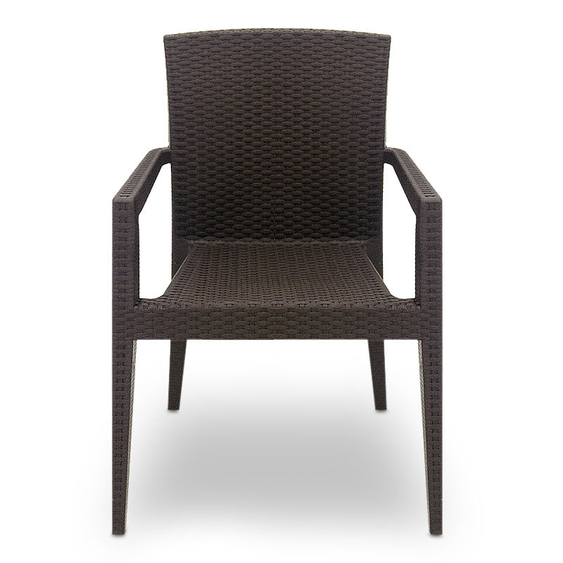 Set of four brown DONALD garden armchairs, showcasing modern design and durable polypropylene material.