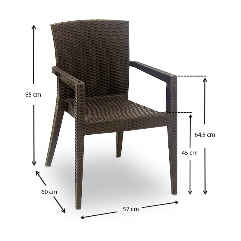 Set of four brown DONALD garden armchairs, showcasing modern design and durable polypropylene material.